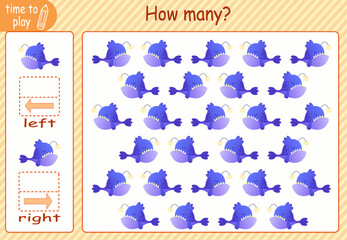 children's educational game, tasks. count how many elements will be placed on the right and how many on the left. fish