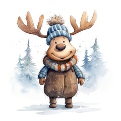 Watercolor illustration of a cute moose wearing a knitted hat, scarf and jacket on a white background.
