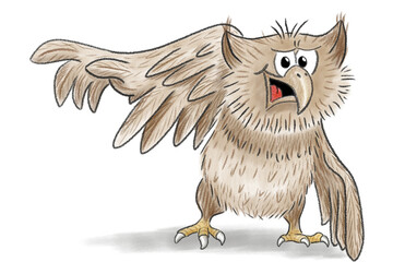 illustration of a cartoon owl pointing at something on a white background