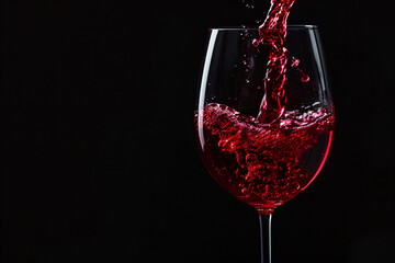 Red wine poured into a clear glass against a plain color background. elegance and rich colors
