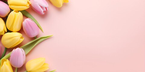 Fresh bouquet of yellow and pink tulips on soft pastel pink background with copy space. April easter spring background