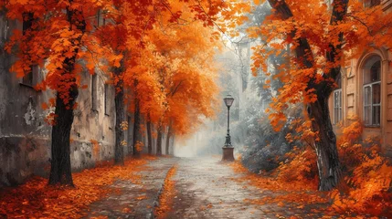 Poster A city's autumnal scene with trees. Generative Ai. © Retu