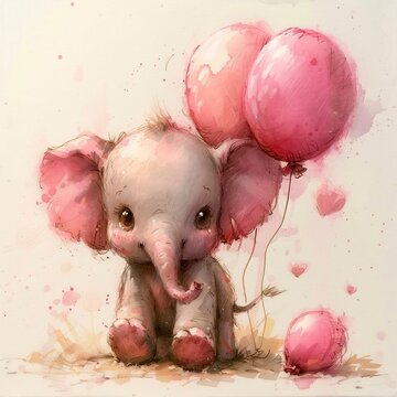 baby pink cute little elephant with balloons