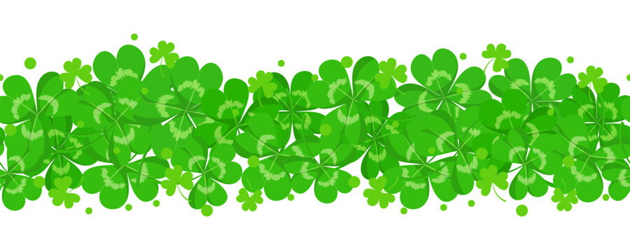 Four leaves clover pattern for Irish St.Patrick day. Seamless border with green shamrocks and lucky clovers with 4 leaves isolated on white background, vector cartoon illustration