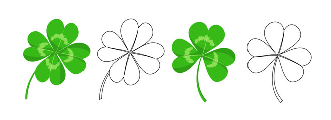 Icons of clover with four and three leaves. Lucky shamrock, symbol of Ireland and St.Patrick day. Green and outline icons of clovers with 3 and 4 leaves, vector set isolated on white background - obrazy, fototapety, plakaty