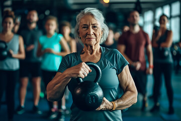 Senior woman with kettlebell exercising amidst people at health club