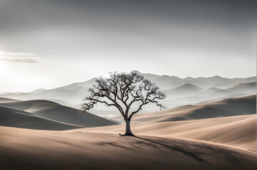 Lone Tree Stands Strong in Desert Landscape, Symbolizing Resilience and Hope