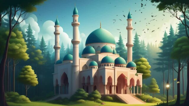 Islamic animation of beautiful mosque building and beautiful trees background in 3D illustration style. seamless looping video animated background.