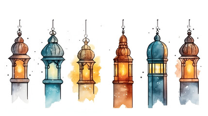 Ramadan Kareem, festival celebration.Arabic Ramadan Lantern, Ramadan kareem concept with dates, Ramadan Mubarak greeting card, neon signs,  neon color mosque, lamp on white background, ai generated - obrazy, fototapety, plakaty