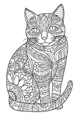 simple coloring page for adults of  cat, mandala pattern