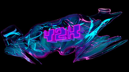Neon abstract digital art, giant letters forming Y2K pixelated text against black background. High-tech product website. Banner, poster. 3D render. Concept of modern technology, design, techno