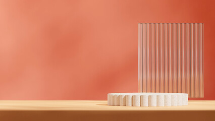 beige ceramic curved podium in landscape glass backdrop and orange wall, 3d render template mockup
