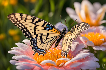 Dazzling Dewdrops and Delicate Butterfly Adorn Pink Flower: A Nature's Gem