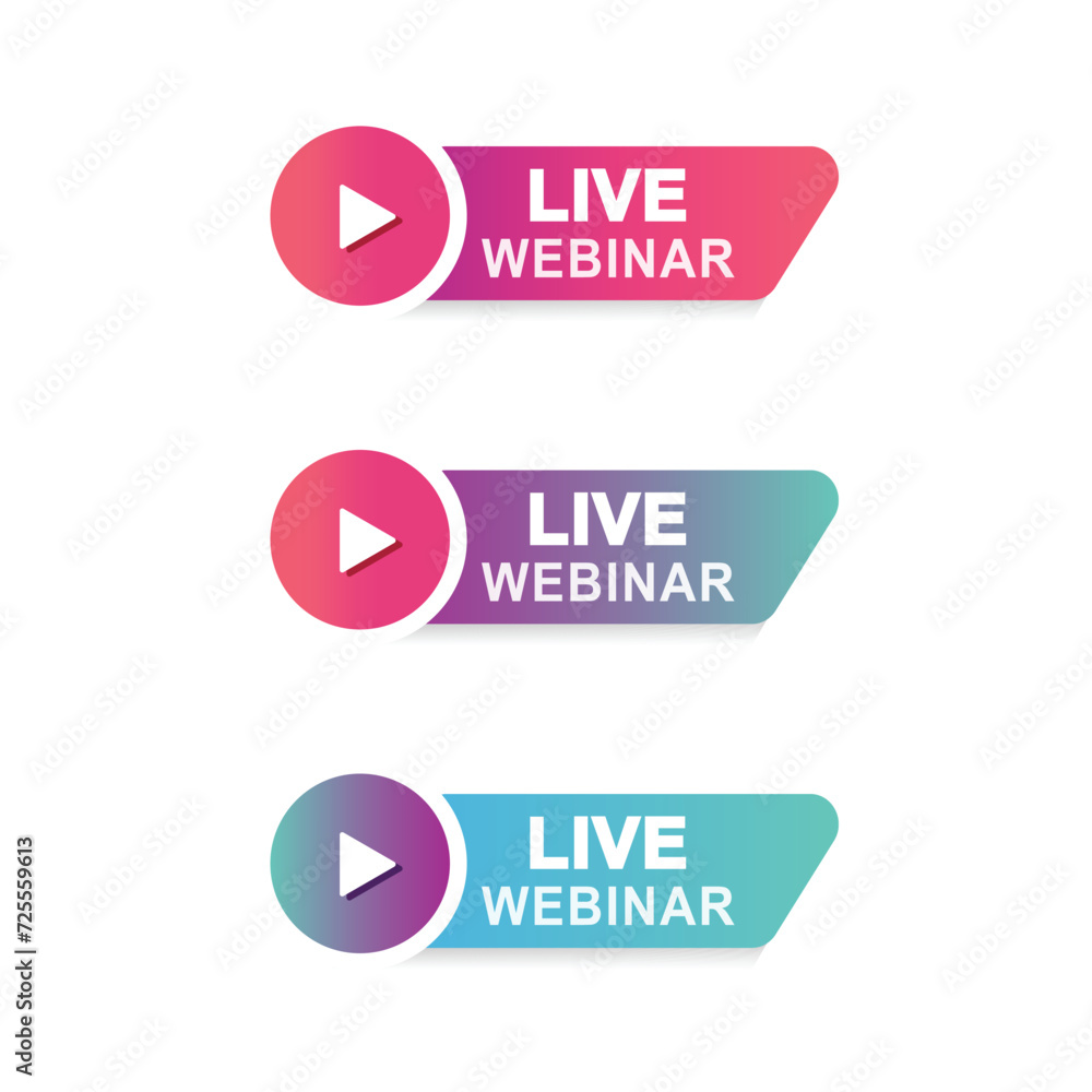 Aufkleber live webinar button in three variants - vector, icon.