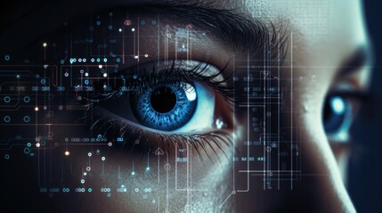 Eye being scanned by a biometric recognition system surrounded by digital code