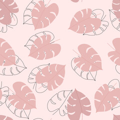 Simple seamless pattern with tropical leaves. Pink color. 