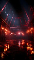 Dark corridor with red lights, 3d rendering. Computer digital drawing.