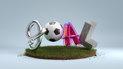 3D letters forming word goal with a soccer ball on grass against grey background. Motivation to win, competition, championship, tournament
