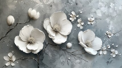 Abstract artwork including textures and white flowers. Generative Ai.