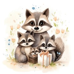 Illustration of a family of raccoons on a white background.