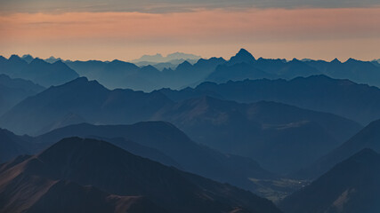 Alpine summer far view of the Alpstein mountains in switzerland seen from Mount Zugspitze, Top of Germany, Garmisch-Partenkirchen, Bavaria, Germany