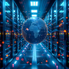 Fototapeta premium A holographic digital earth hovers in a futuristic data center with illuminated server racks. 