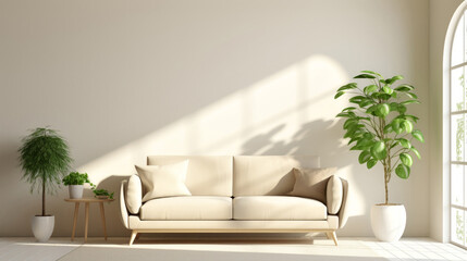 Minimalism living room interior with beige sofa, big green home plants and white walls