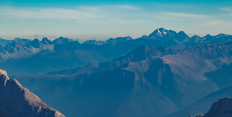 Alpine summer far view of Mount Marmolada seen from Mount Zugspitze, Top of Germany,...