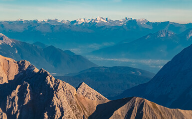 Alpine summer far view of Hintertux glacier and Mount Olperer seen from Mount Zugspitze, Top of...