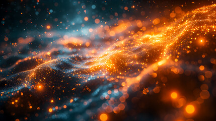 Vivid abstract representation of orange and blue waves of particles, conveying energy and connection.
 - obrazy, fototapety, plakaty