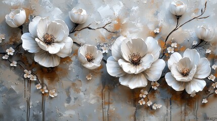 Abstract artwork including textures and white flowers. Generative Ai.