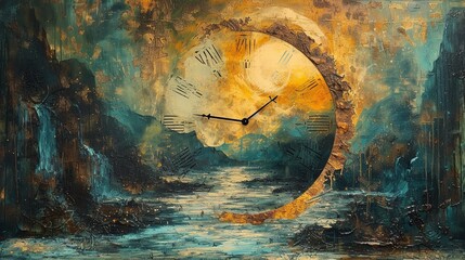 Abstract artwork with a clock in a natural setting. Generative Ai.