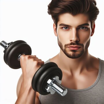 young man exercises with dumbbells isolated on white background