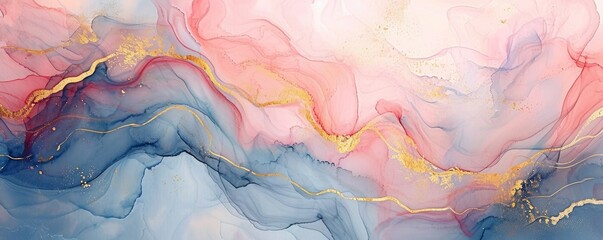 Abstract watercolor paint background illustration - Soft pastel pink blue color and golden lines, with liquid fluid marbled paper texture banner texture, Generative AI  - obrazy, fototapety, plakaty