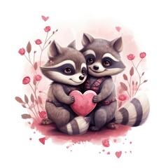Fototapeta premium Illustration of two raccoons in love looking at each other on a white background.