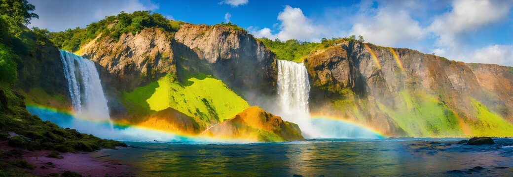 Nature, mountains and waterfalls converge with the sky and the rainbow formed on the mountains. Travel