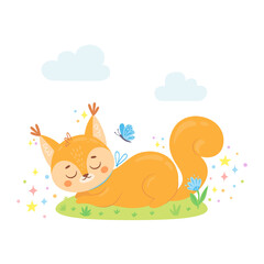 Cute sleeping squirrel on spring meadow with flower and butterfly. Funny hand-drawn animal character for greeting cards, stickers, posters, invitations and nursery room decor. Colorful childish vector