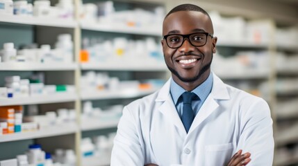 Fototapeta na wymiar Cheerful pharmacist standing by shelves of medications radiating confidence and assurance in providing essential healthcare services