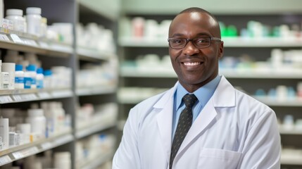 Cheerful pharmacist standing by shelves of medications radiating confidence and assurance in providing essential healthcare services