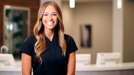 Happy dental hygienist in a dental office promoting oral health and bright smiles with warmth and pride