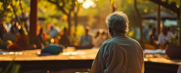 life long learning elderly yoga instructor meditation in the garden with community. - obrazy, fototapety, plakaty