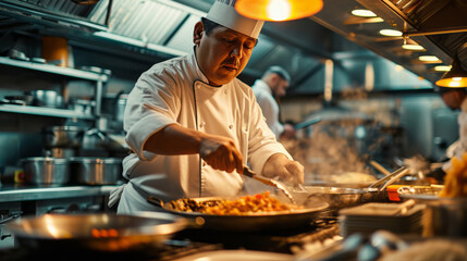 Japanese chef cooking food in a pan. surround by a bustling kitchen prepare a dish