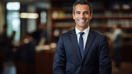 A confident defense attorney in a law firm smiles warmly with assurance.