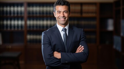 Fototapeta premium A happy defense attorney in a law firm smiles with assurance.