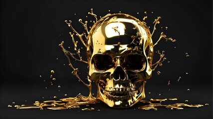 Golden skull with oil splashes on black background. 3d render generative ai