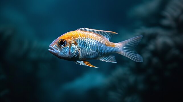 An odd fish swims at depth in the dark. Generative Ai.