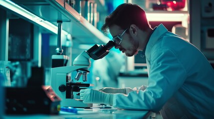 a scientist using a microscope in lab conducting research