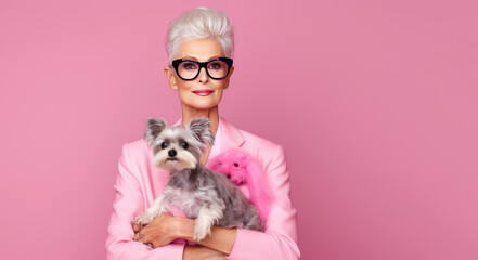 an elderly woman with glasses and dressed in a modern pink suit on a pink background with a dog