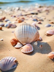 Fototapeta na wymiar Seashells on the sand beach on sunny day.