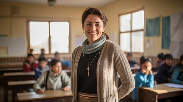 Delighted language teacher in diverse classroom promoting linguistic proficiency